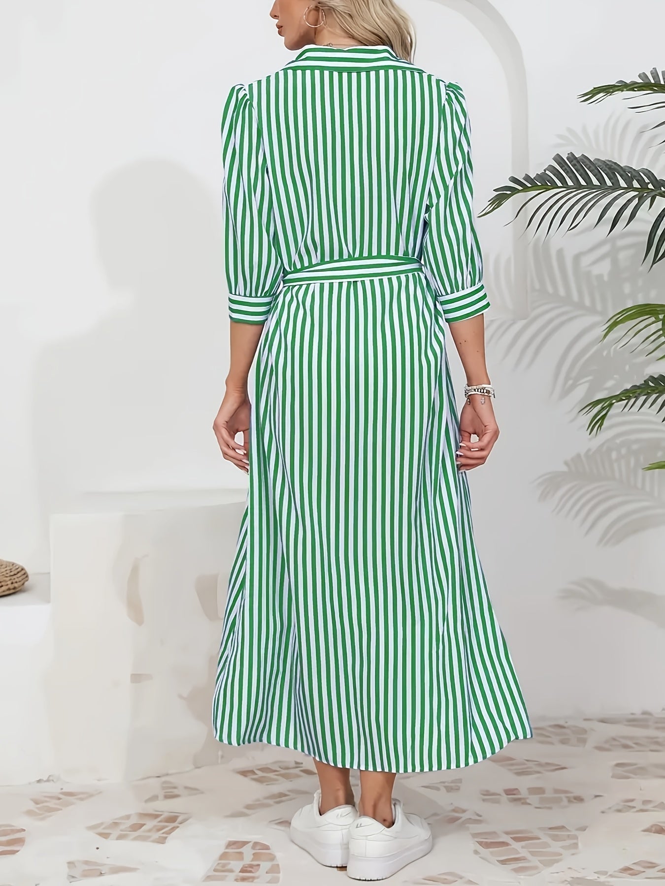 Women's Lightweight Striped Midi Dress | Elegant Tie Waist A-Line Dress 2