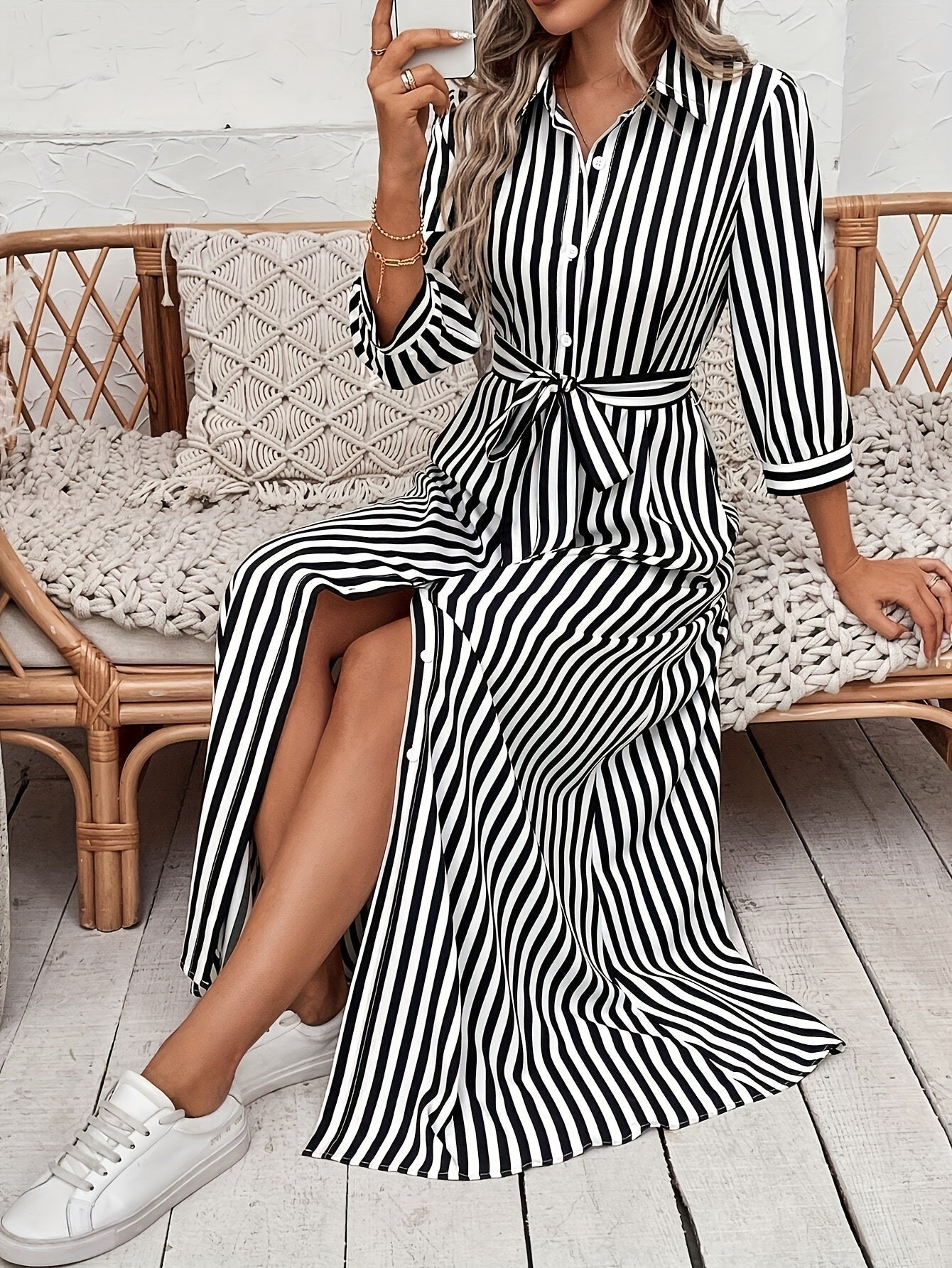 Women's Lightweight Striped Midi Dress | Elegant Tie Waist A-Line Dress 3