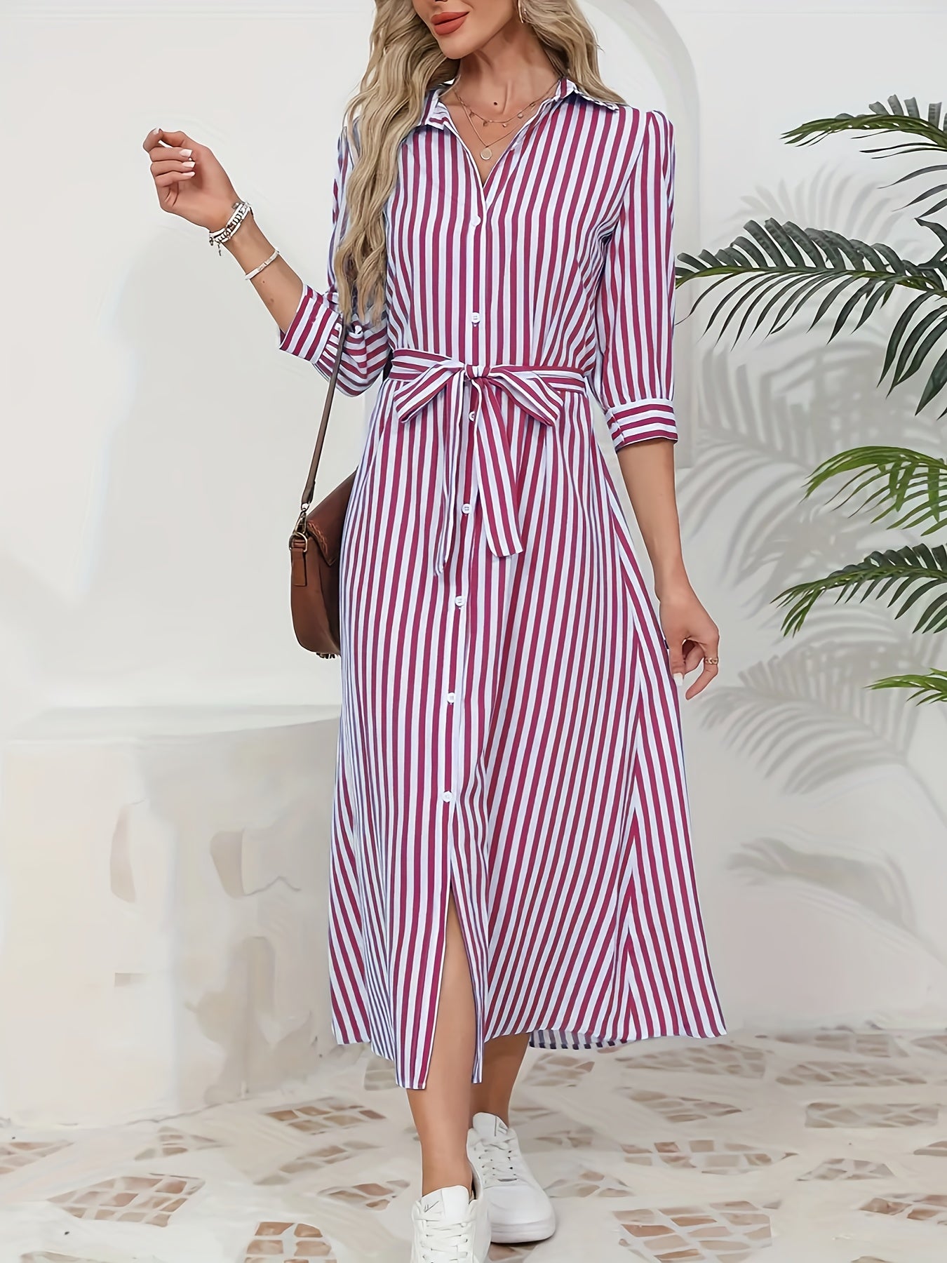 Women's Lightweight Striped Midi Dress | Elegant Tie Waist A-Line Dress 5