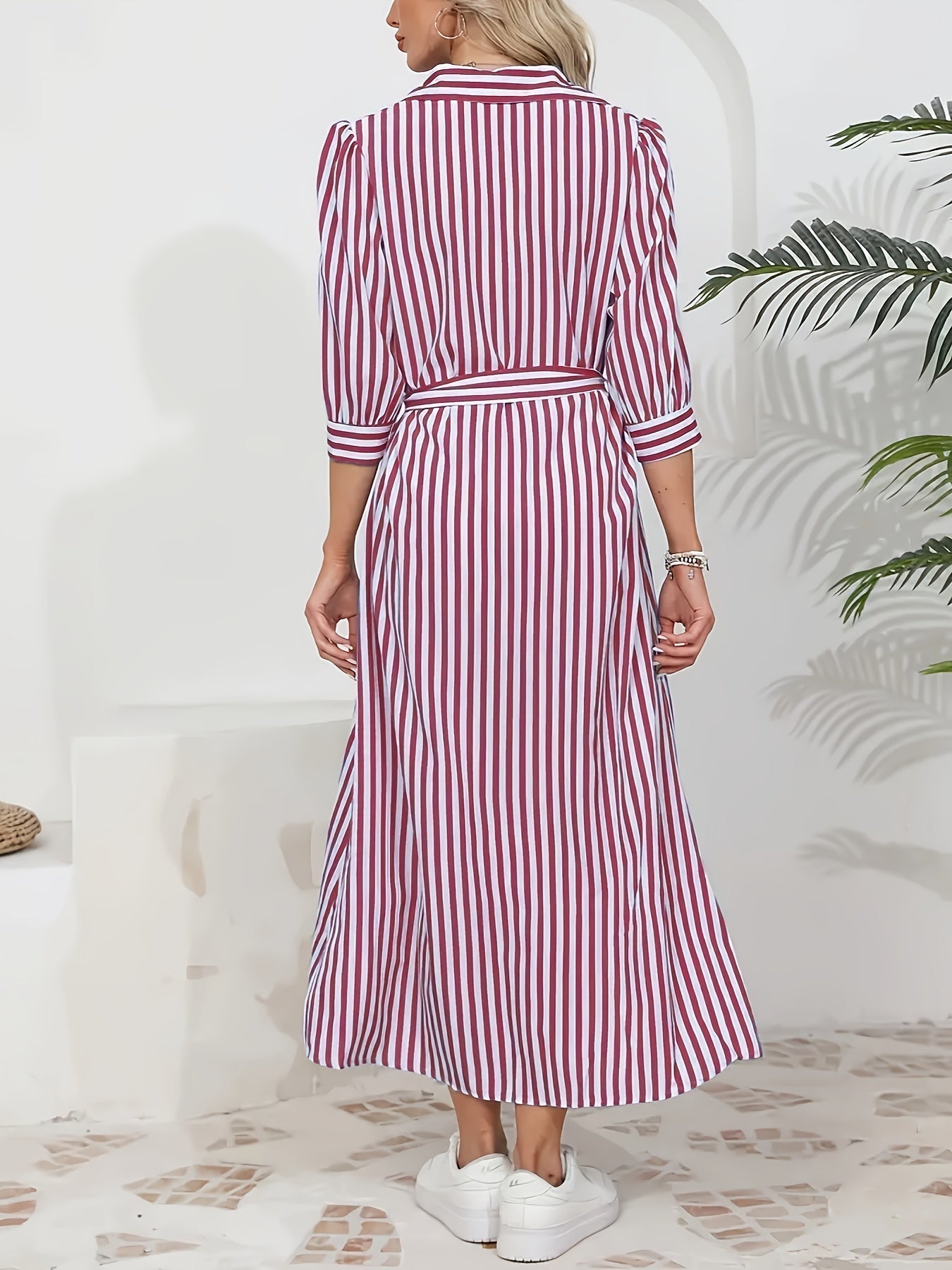 Women's Lightweight Striped Midi Dress | Elegant Tie Waist A-Line Dress 6