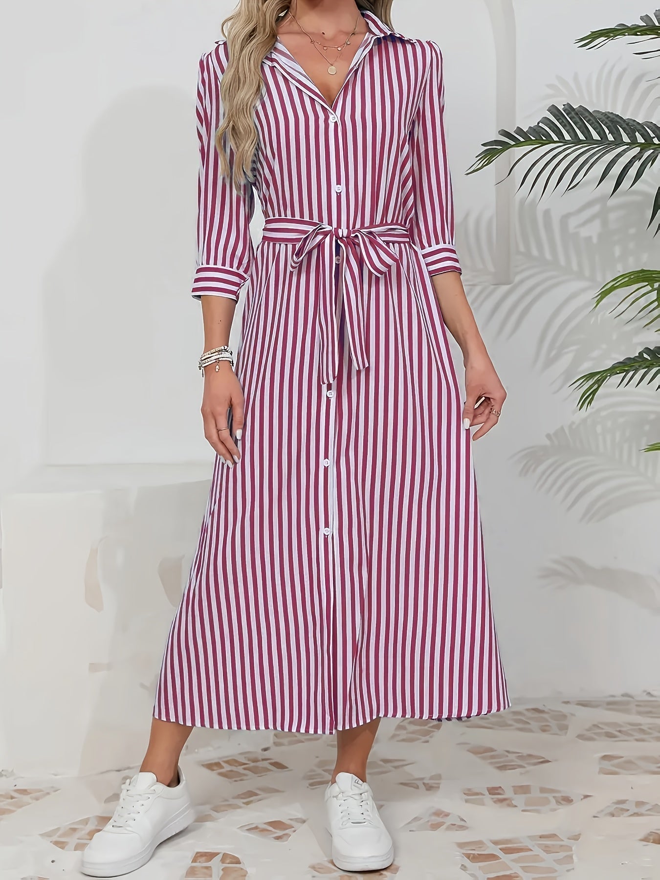 Women's Lightweight Striped Midi Dress | Elegant Tie Waist A-Line Dress 7