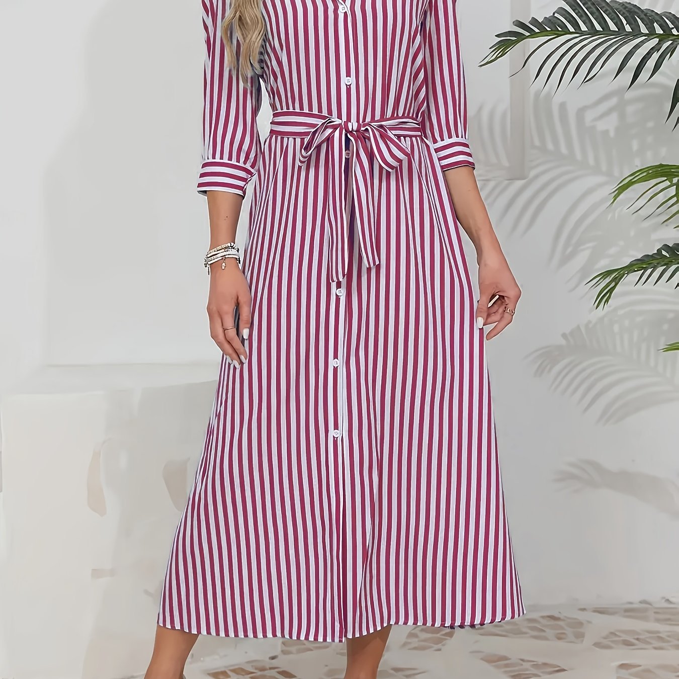 Women's Lightweight Striped Midi Dress | Elegant Tie Waist A-Line Dress 8