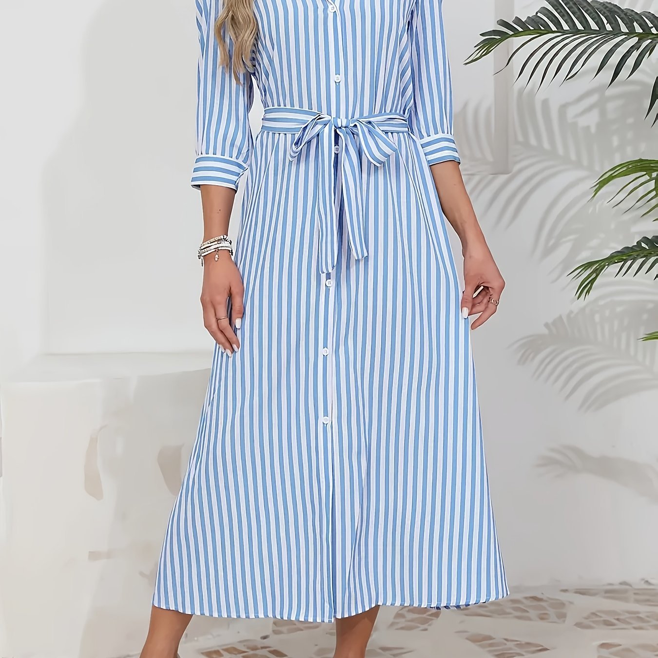 Women's Lightweight Striped Midi Dress | Elegant Tie Waist A-Line Dress 9