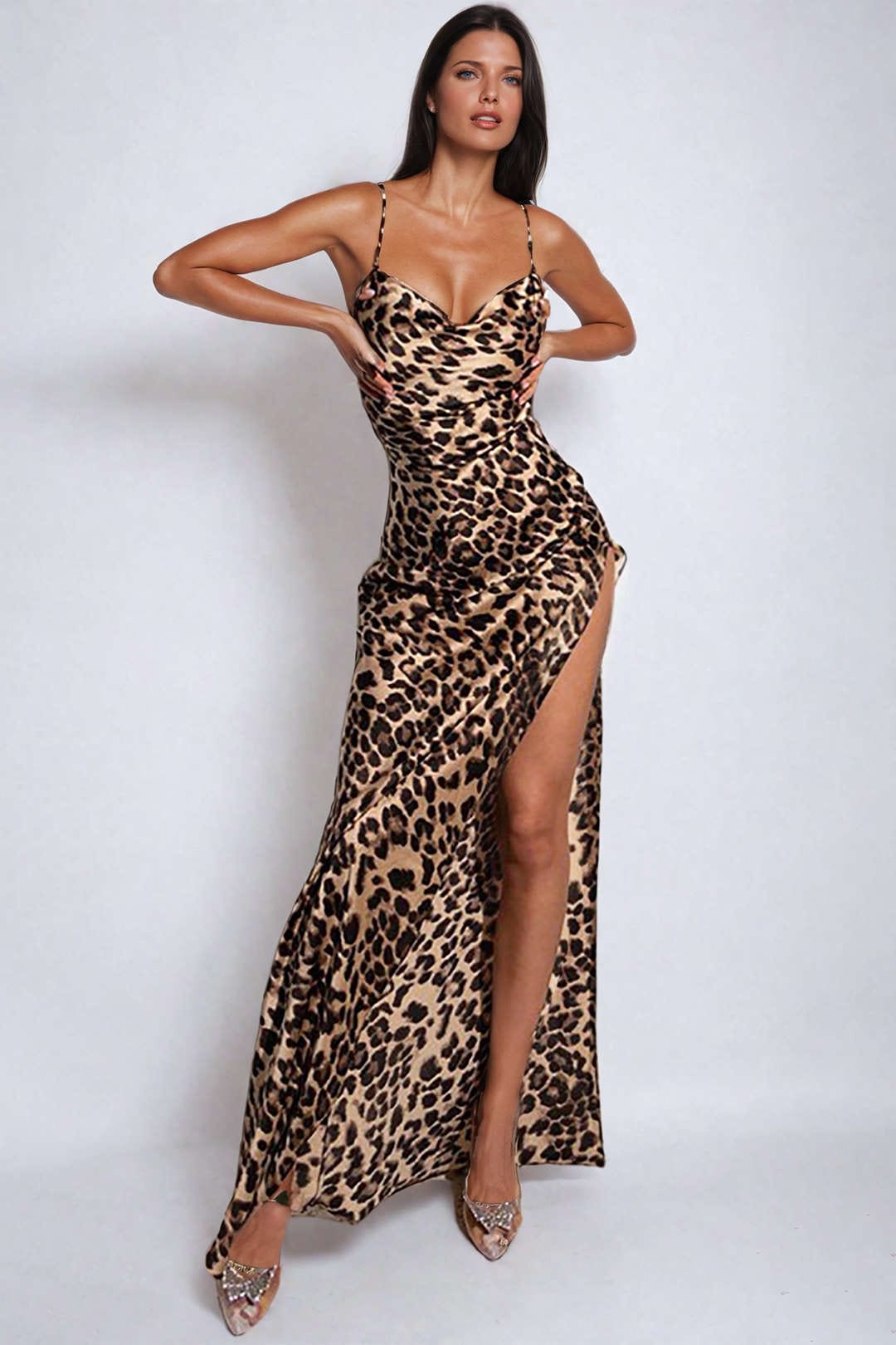 Women's Satin Leopard Print Maxi Dress | Elegant Cowl Neck with High Thigh Split 0