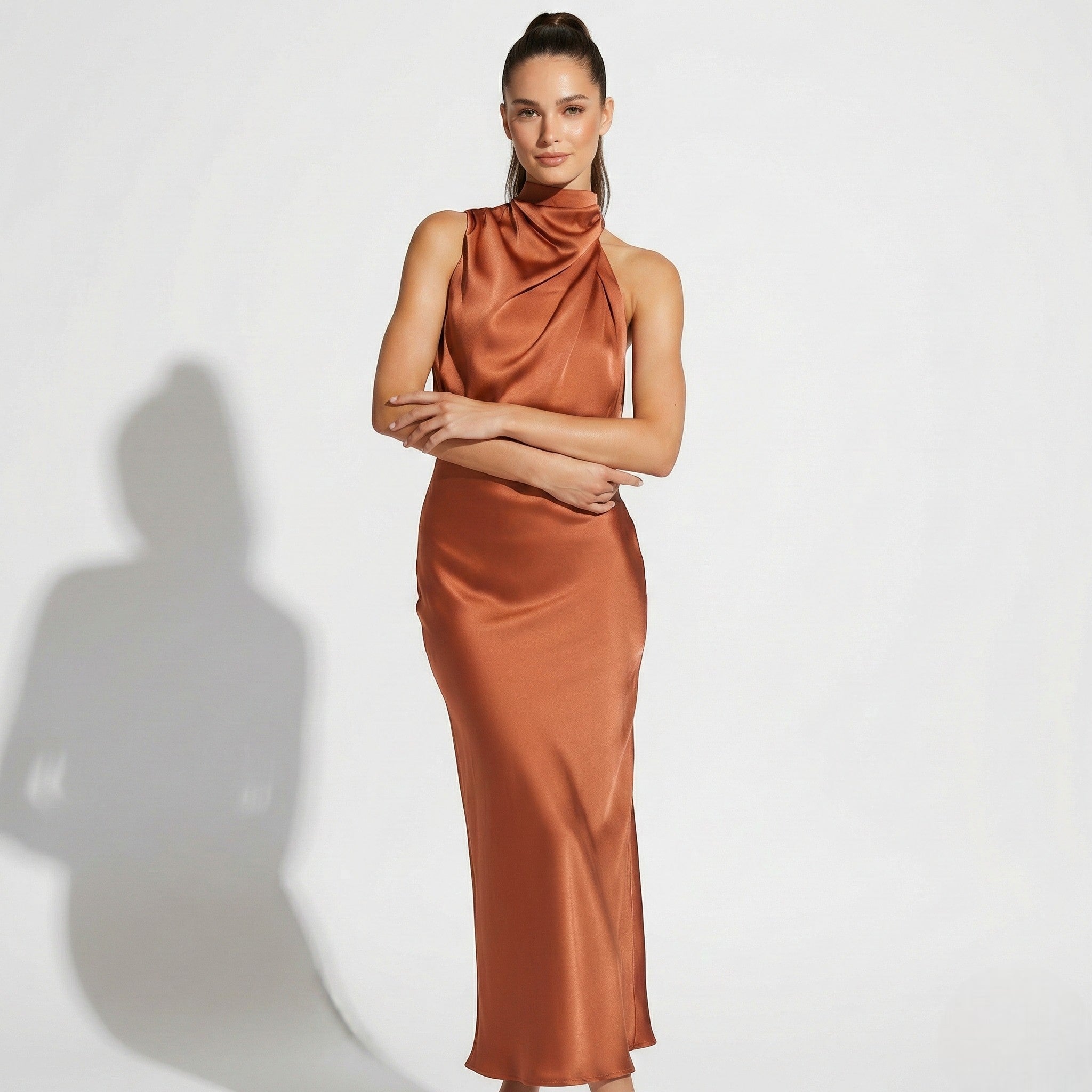 Women's Satin Maxi Dress Set | Elegant Halter Neck Two-Piece Evening Wear 0