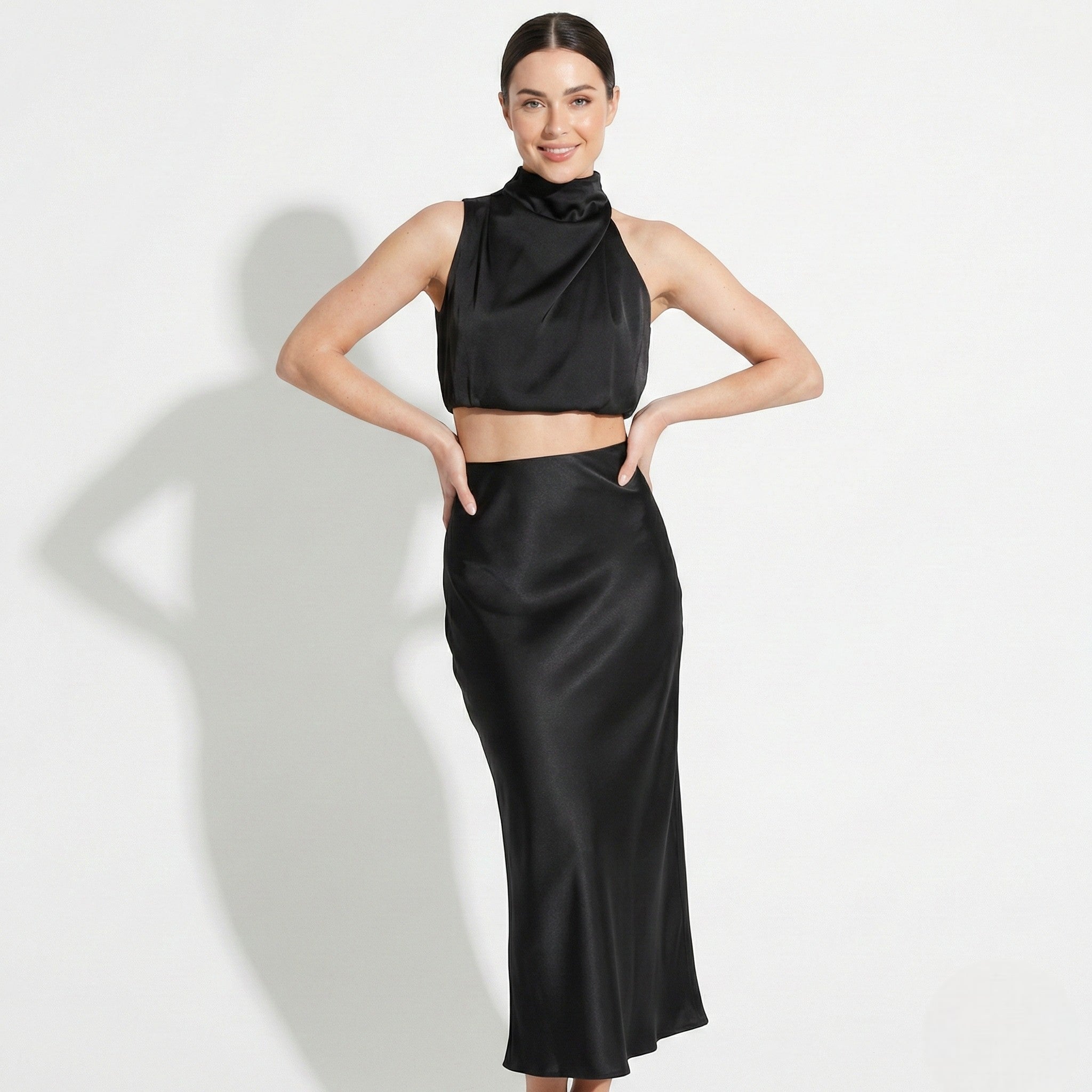 Women's Satin Maxi Dress Set | Elegant Halter Neck Two-Piece Evening Wear 1