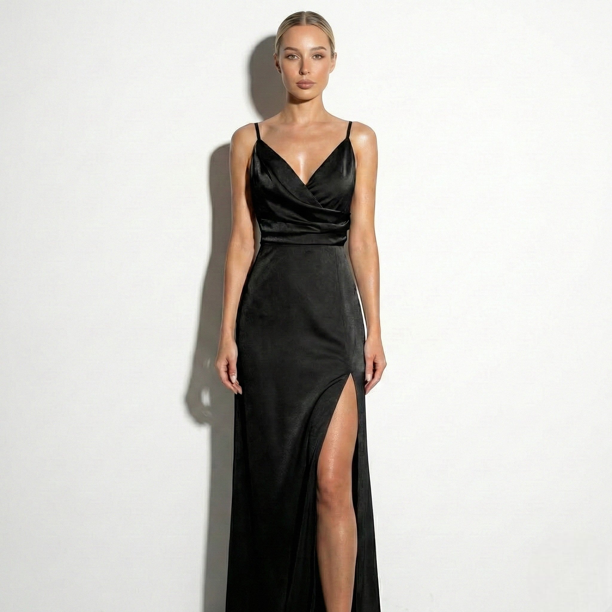 Women's Satin Maxi Dress | Elegant V-Neck High Slit Formal Evening Gown 0