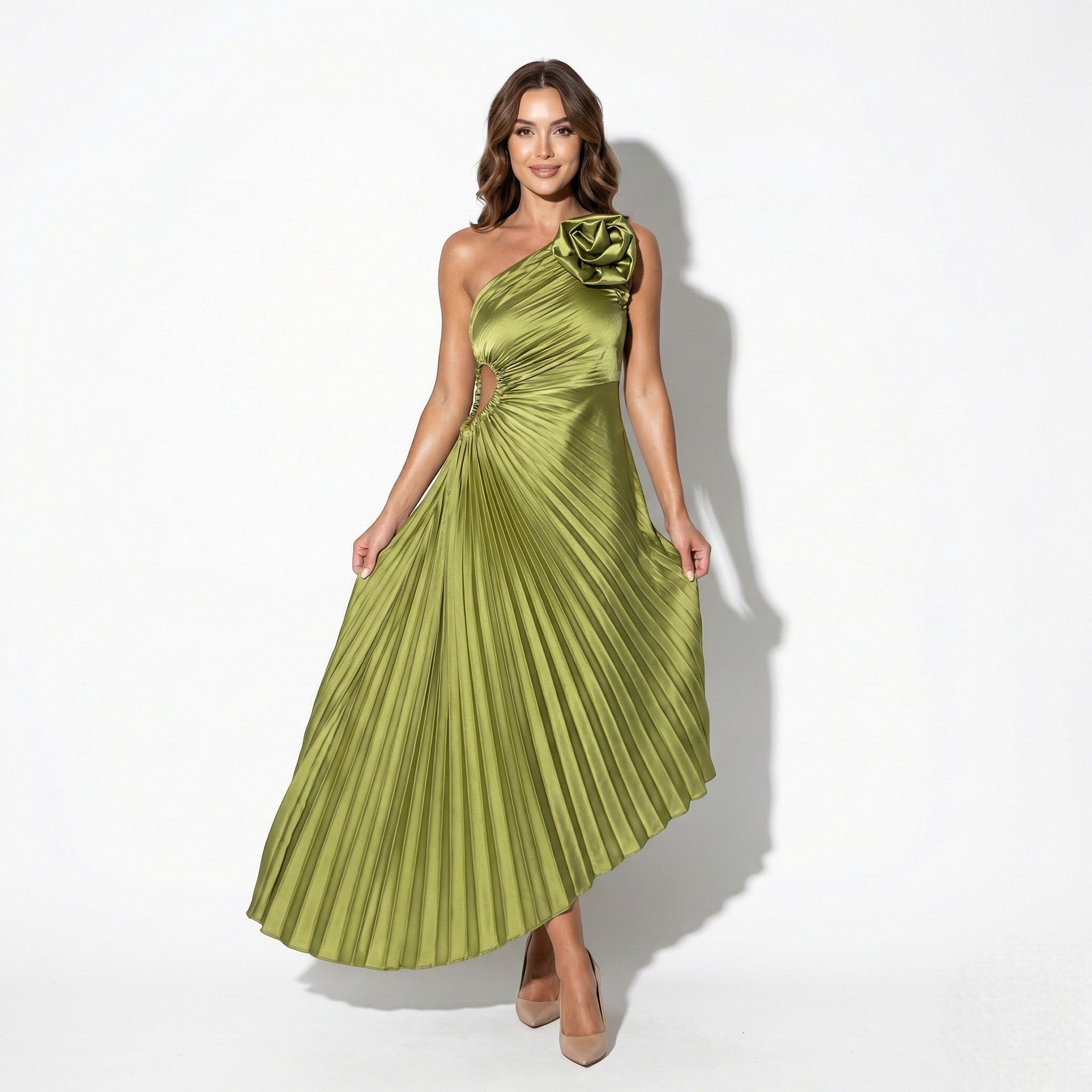 Women's Satin Pleated Midi Dress | Elegant One-Shoulder Cocktail Gown 1