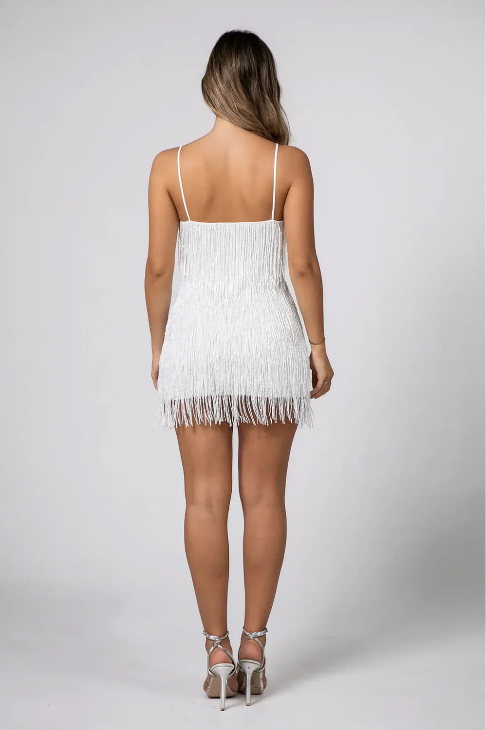 Women's Shimmering Fringe Mini Dress | Bold V-Neckline Spaghetti Strap Cocktail Dress 1