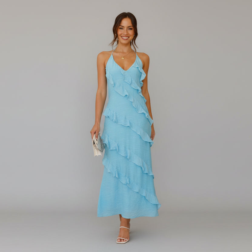 Women's Soft Chiffon Maxi Dress | Elegant Ruffle V-Neck Summer Gown 1