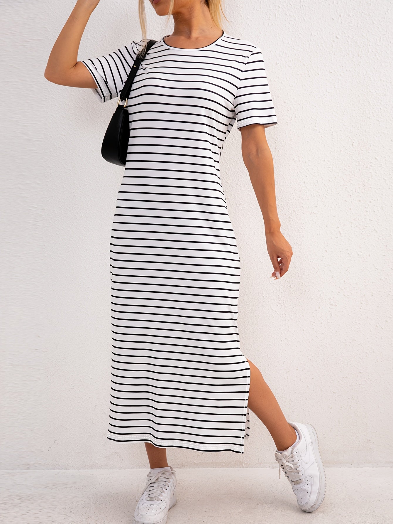 Women's Striped Jersey Midi Dress | Comfortable Casual Summer Dress with Side Split 0