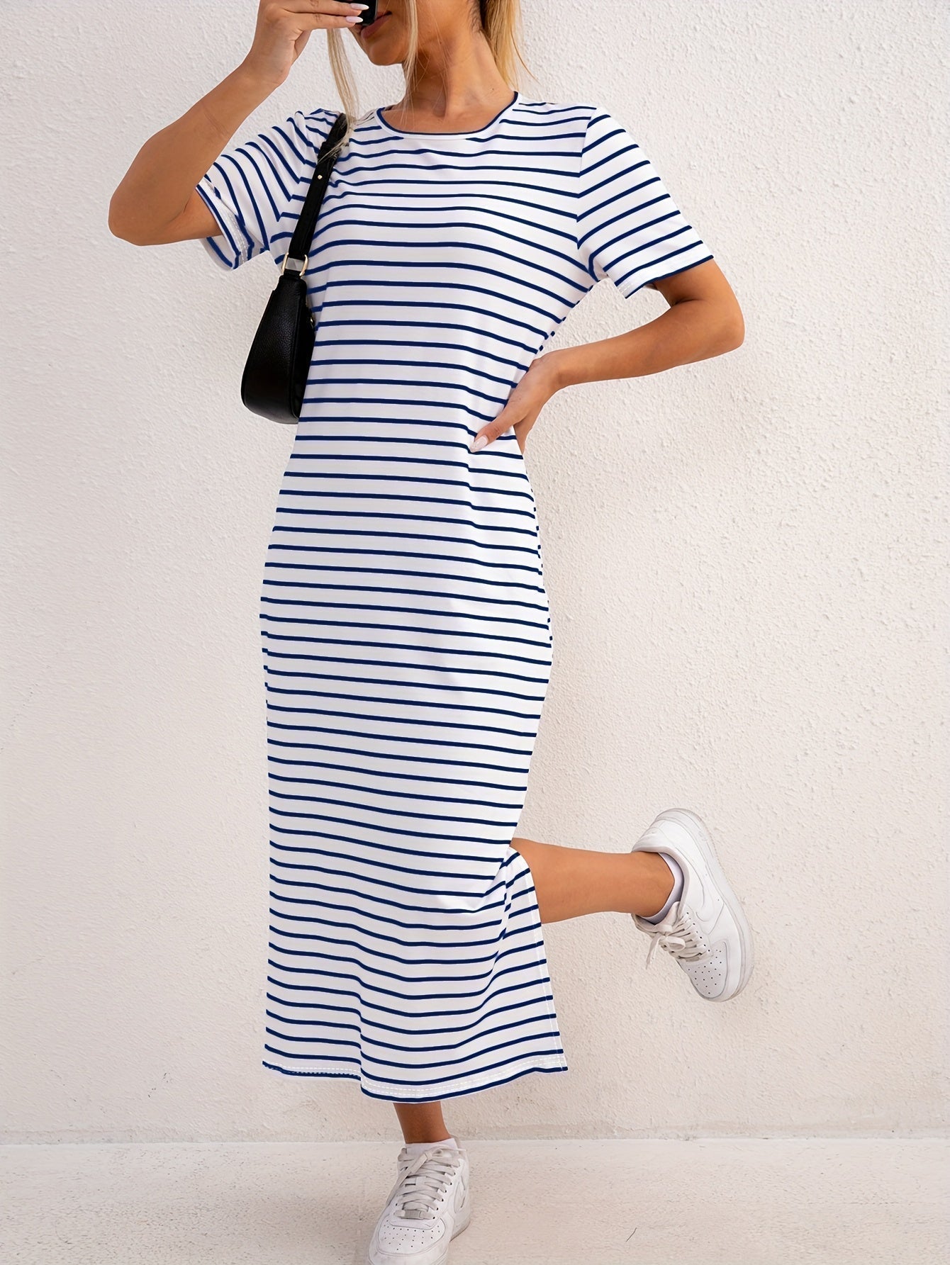 Women's Striped Jersey Midi Dress | Comfortable Casual Summer Dress with Side Split 2