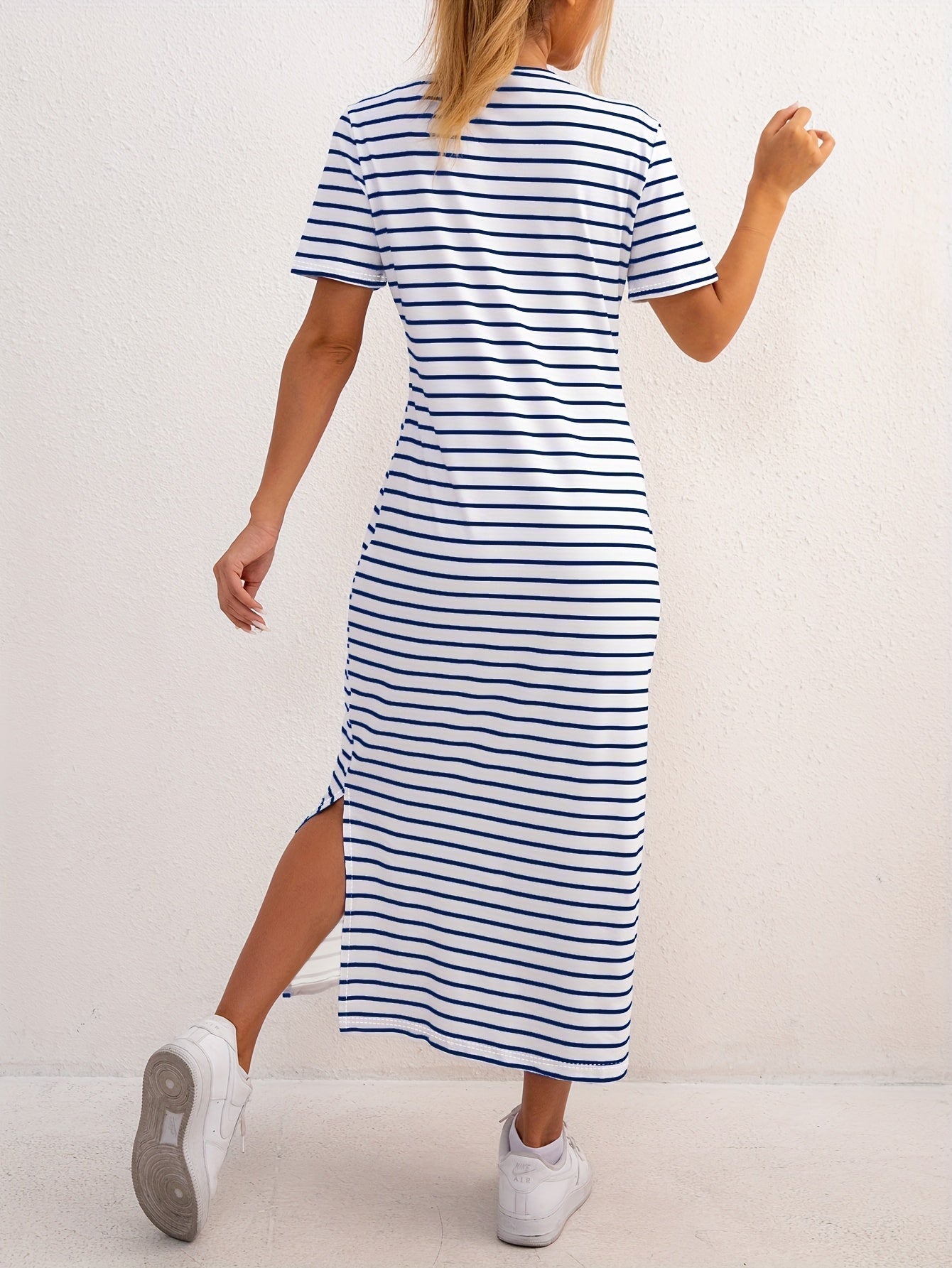 Women's Striped Jersey Midi Dress | Comfortable Casual Summer Dress with Side Split 3