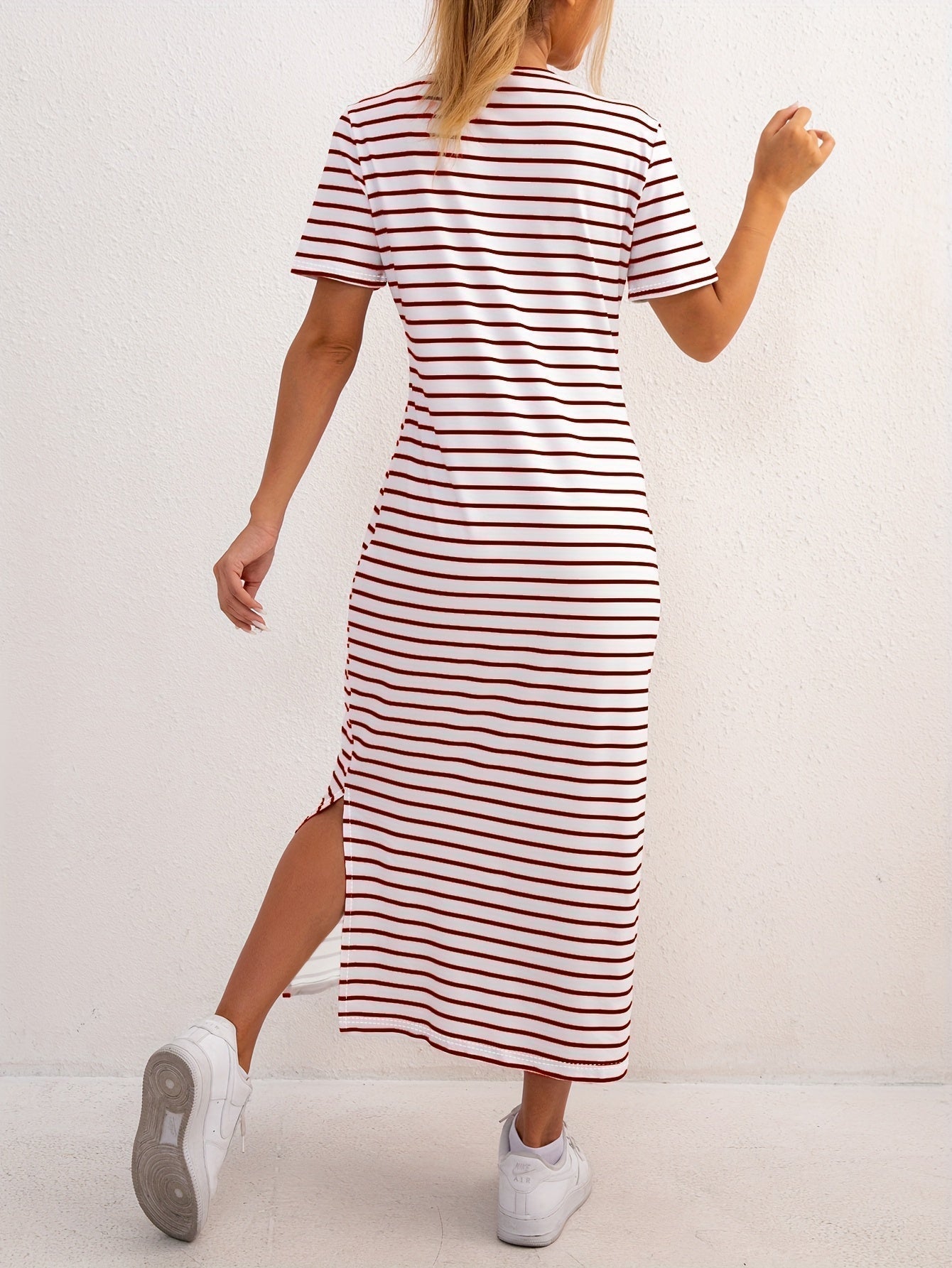 Women's Striped Jersey Midi Dress | Comfortable Casual Summer Dress with Side Split 5
