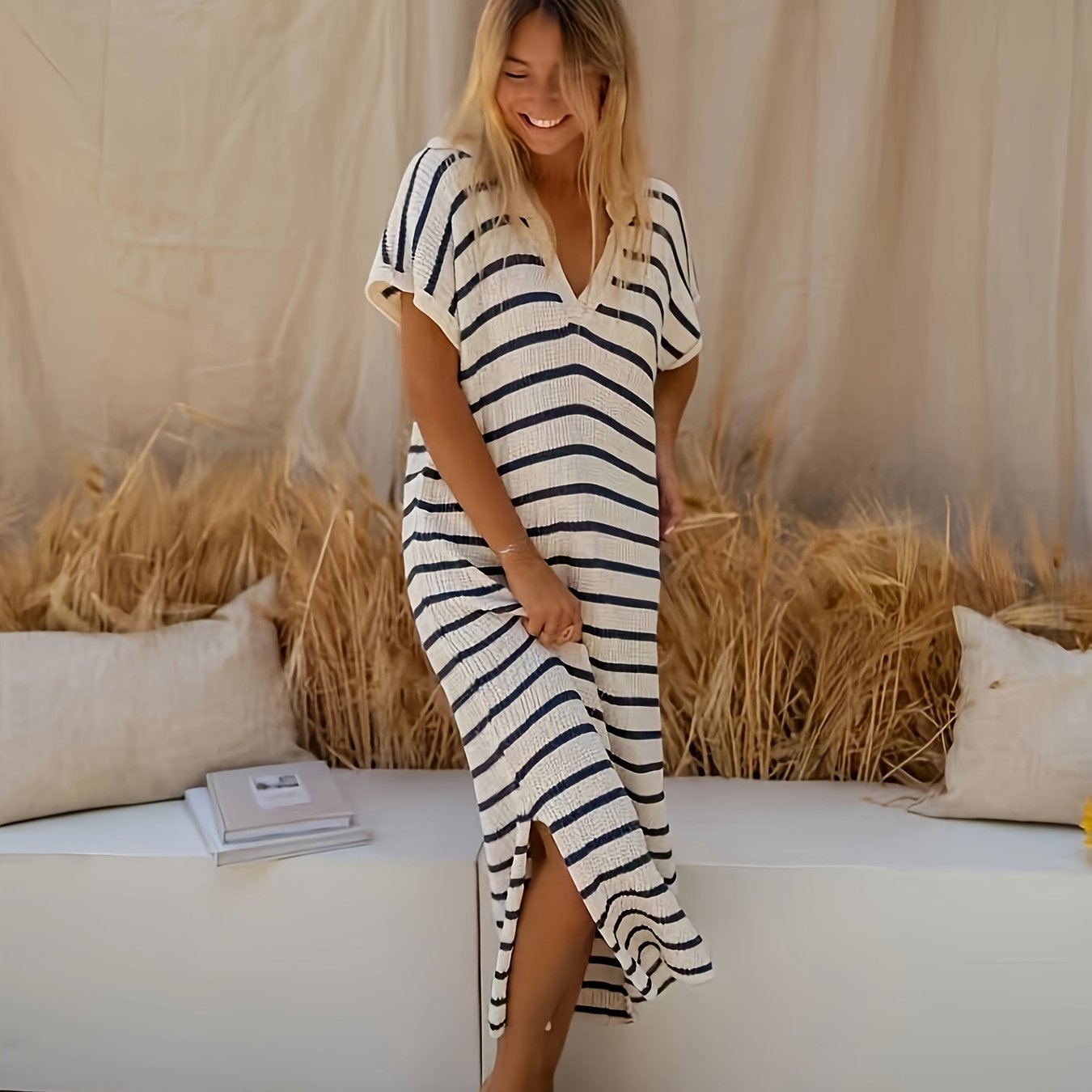 Women's Striped Ribbed Knit Midi Dress | Relaxed V-Neckline Casual Summer Dress 1