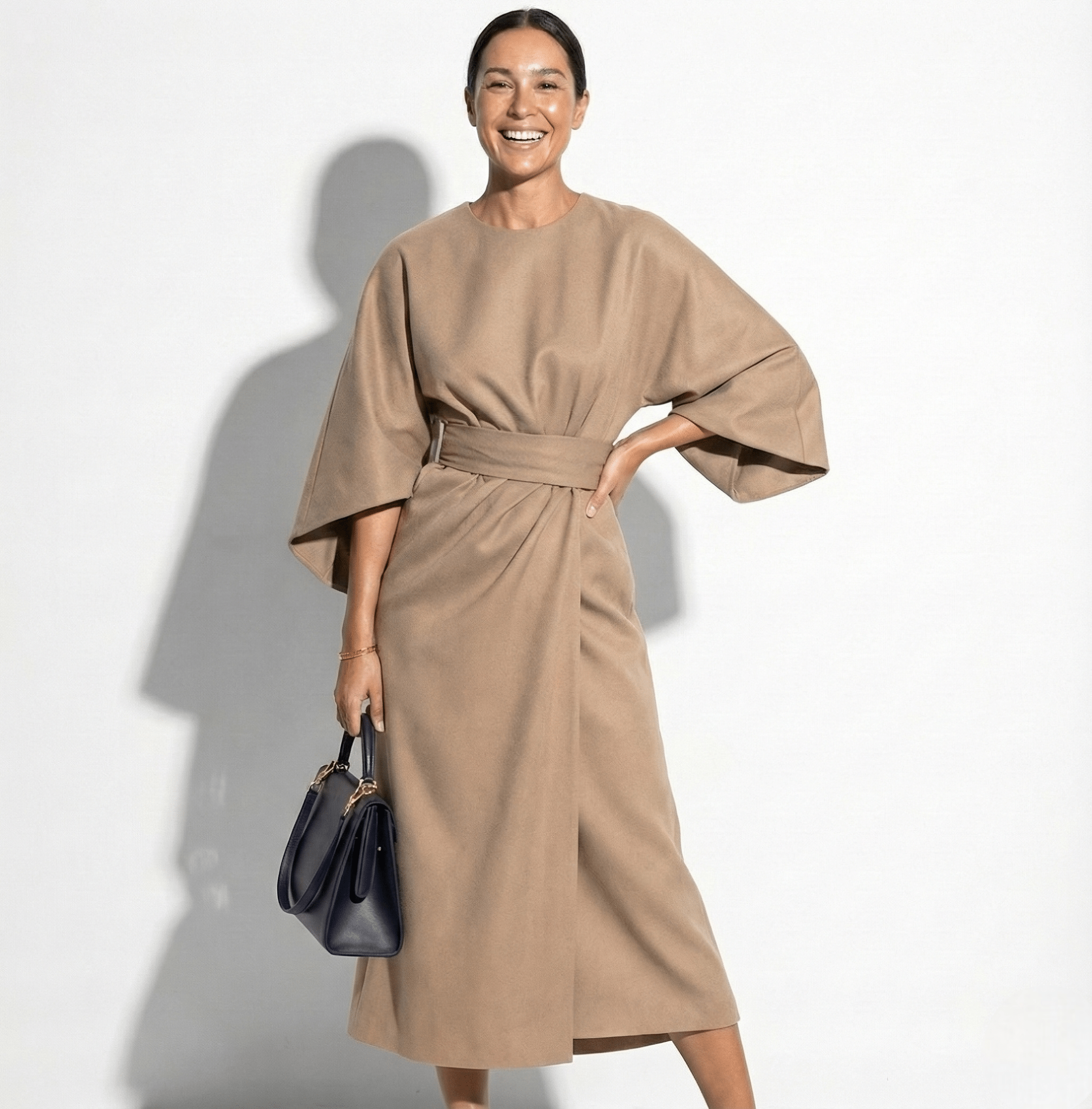 Women's Structured Midi Dress | Elegant Kimono Sleeve with Wrap Skirt 0