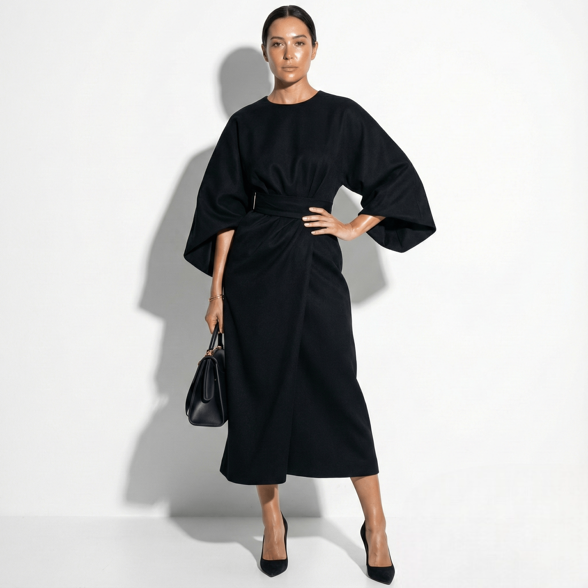 Women's Structured Midi Dress | Elegant Kimono Sleeve with Wrap Skirt 1