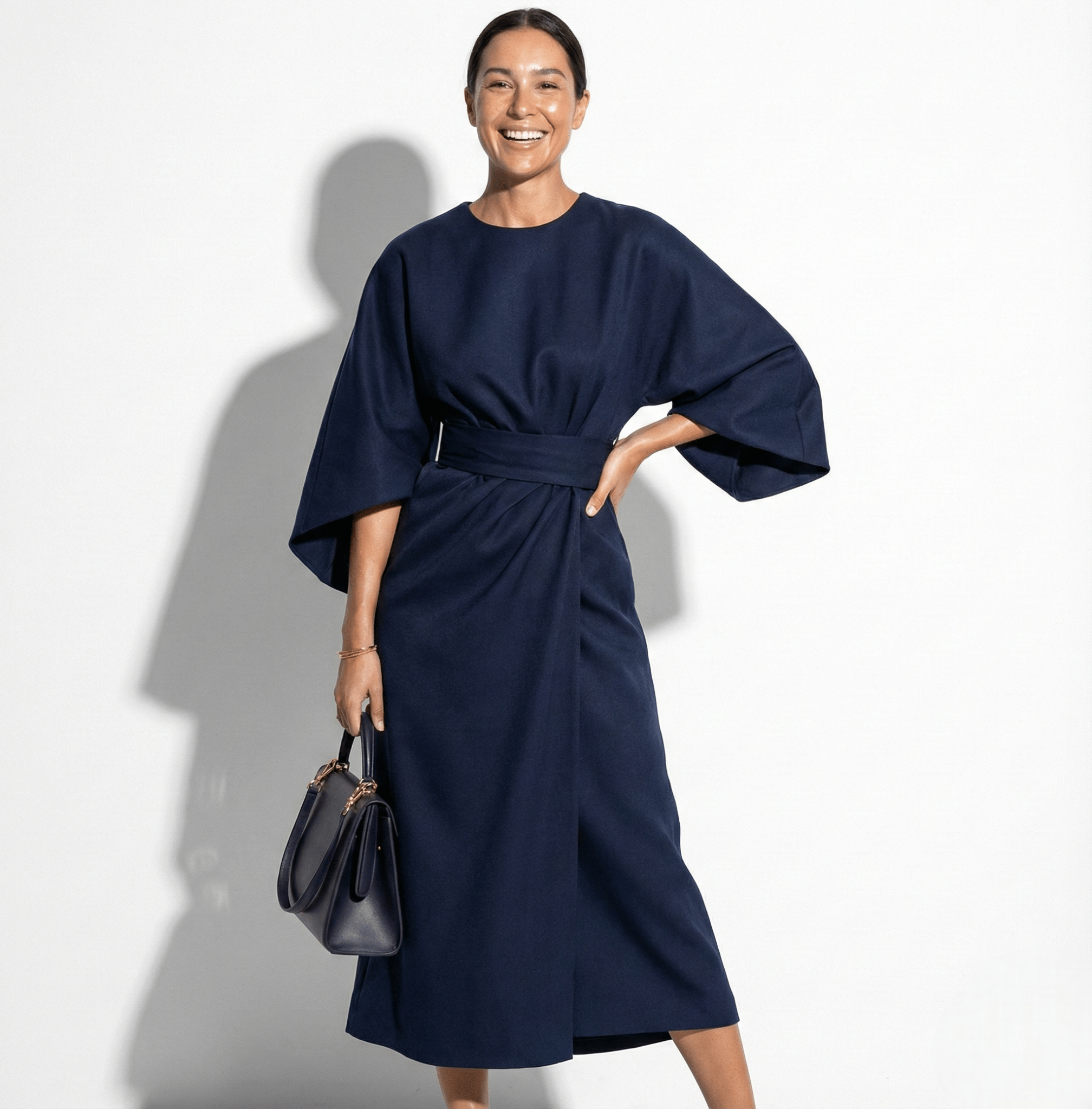 Women's Structured Midi Dress | Elegant Kimono Sleeve with Wrap Skirt 2