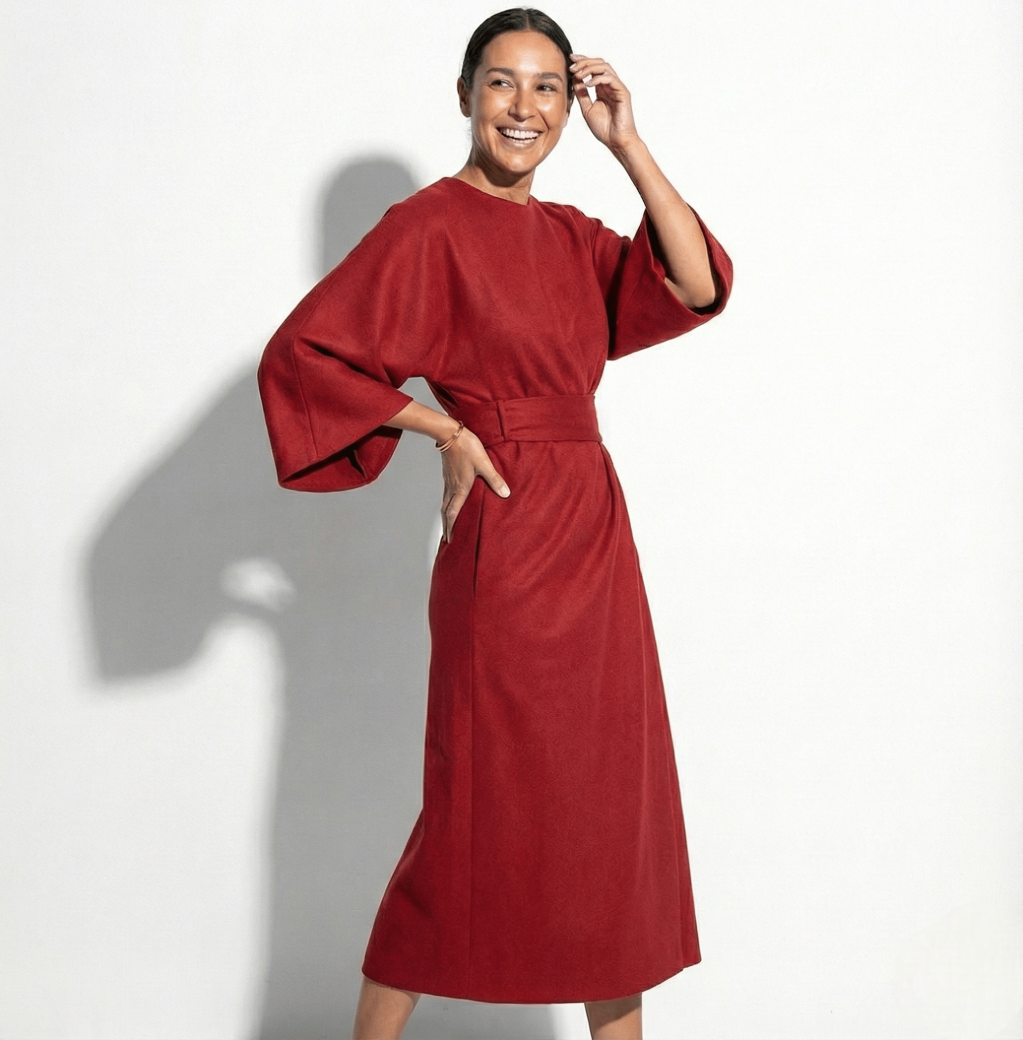 Women's Structured Midi Dress | Elegant Kimono Sleeve with Wrap Skirt 3