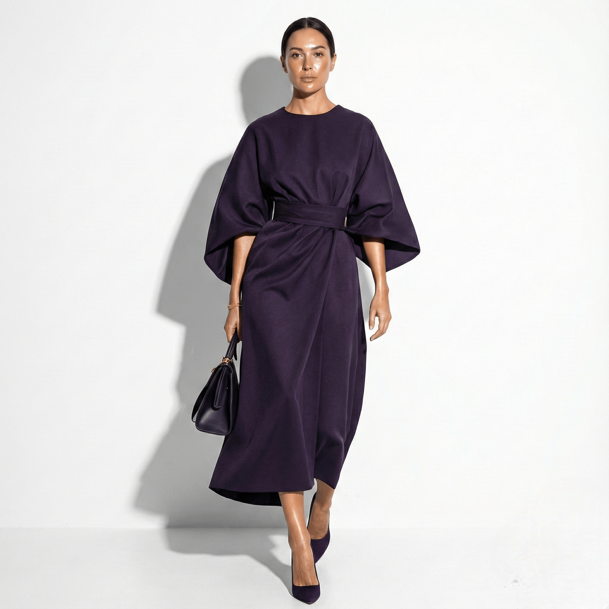 Women's Structured Midi Dress | Elegant Kimono Sleeve with Wrap Skirt 4