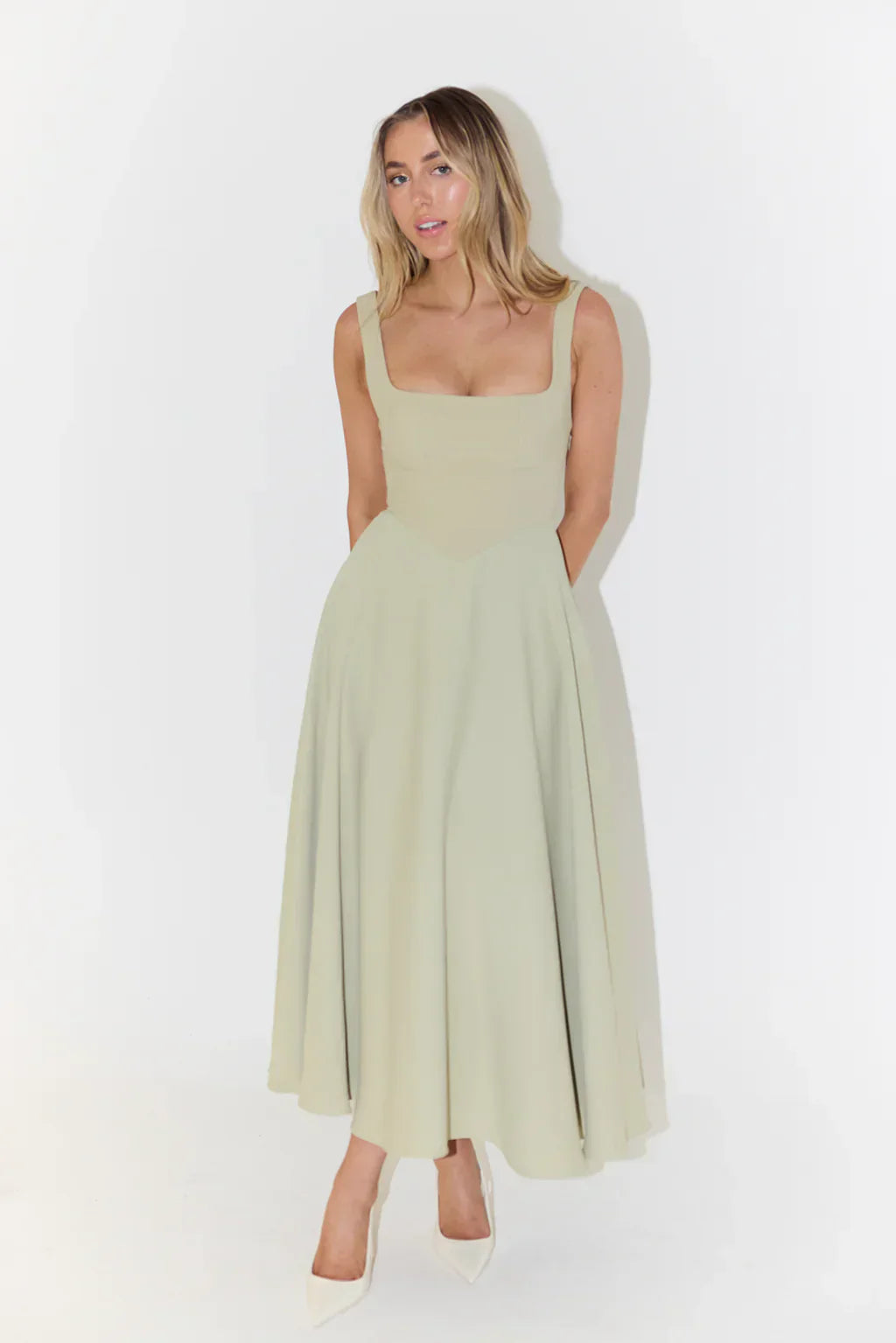 Women's Structured Midi Dress | Elegant Square Neck A-Line Formal Dress 4